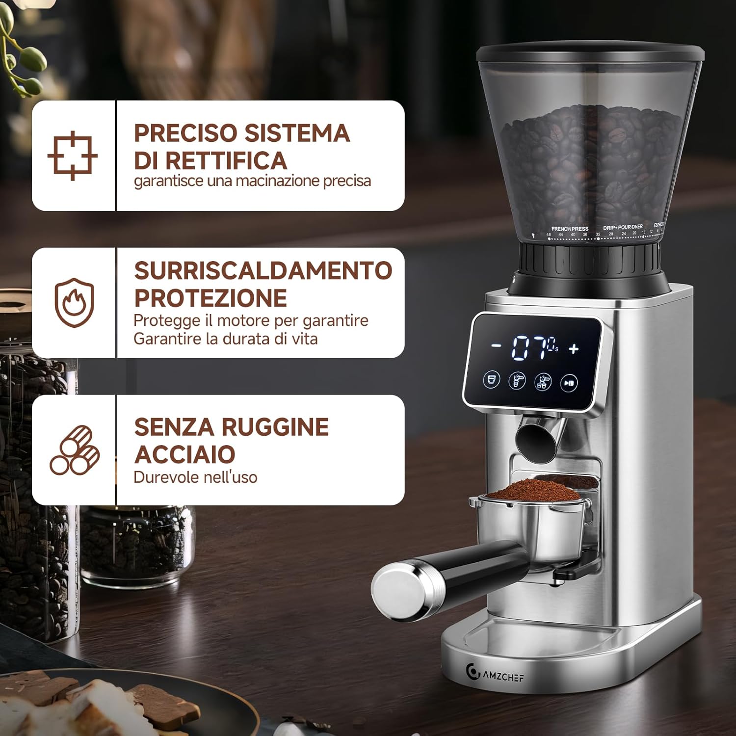 AMZCHEF Macinacaffè Elettrico con 48 Livelli di Macinatura